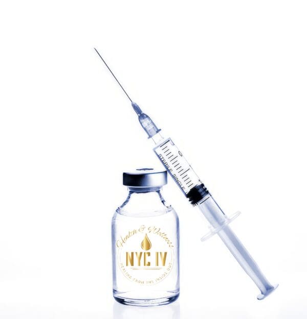 A glass bottle and syringe with the nyc iv logo near USA